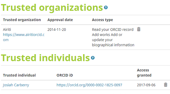 at the top, screenshot of the trusted organization section on the account settings page showing a current trusted organization. At the bottom, trusted individuals section showing a current trusted individual