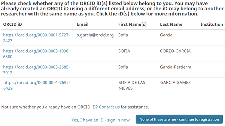 screenshot of popup window showing four ORCID iDs with similar names and the options to select that you already have an iD or that none of the iDs being shown are yours
