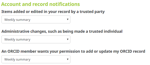 screenshot of account and record notification on account settings page showing the options to select the frequency of notifications