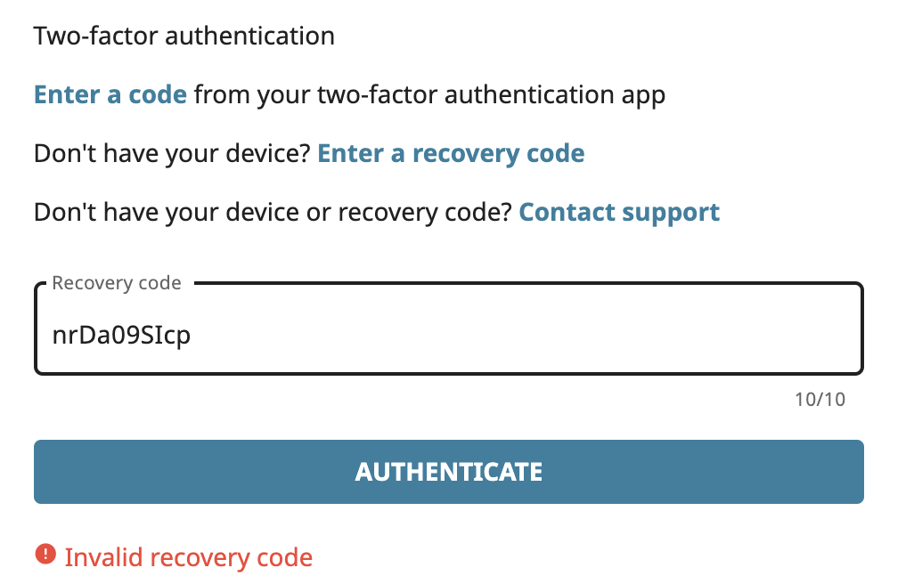 Invalid recovery code error message screenshot