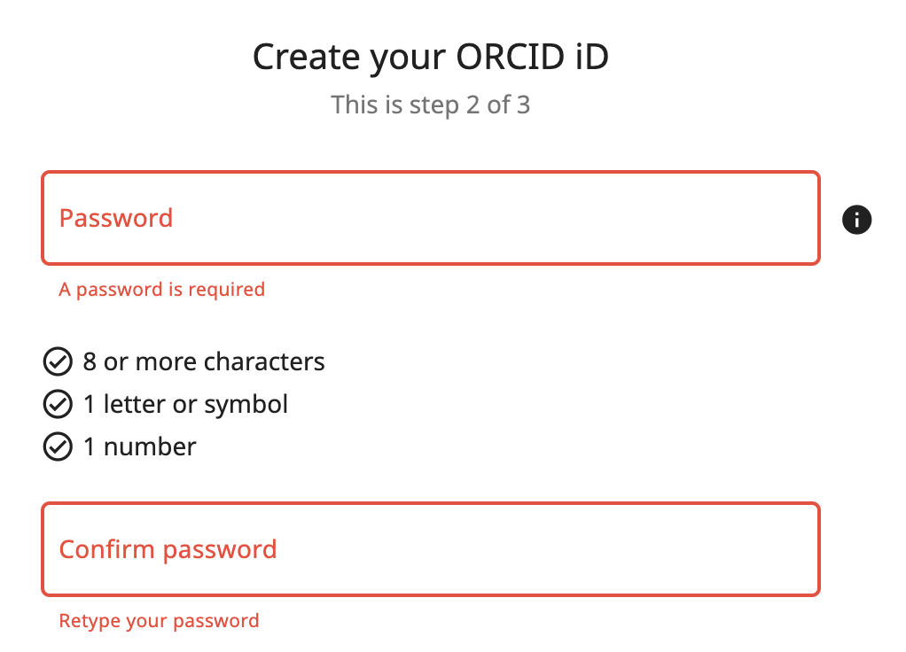 Create your ORCID iD - Step 2 of 3 - Add your password example