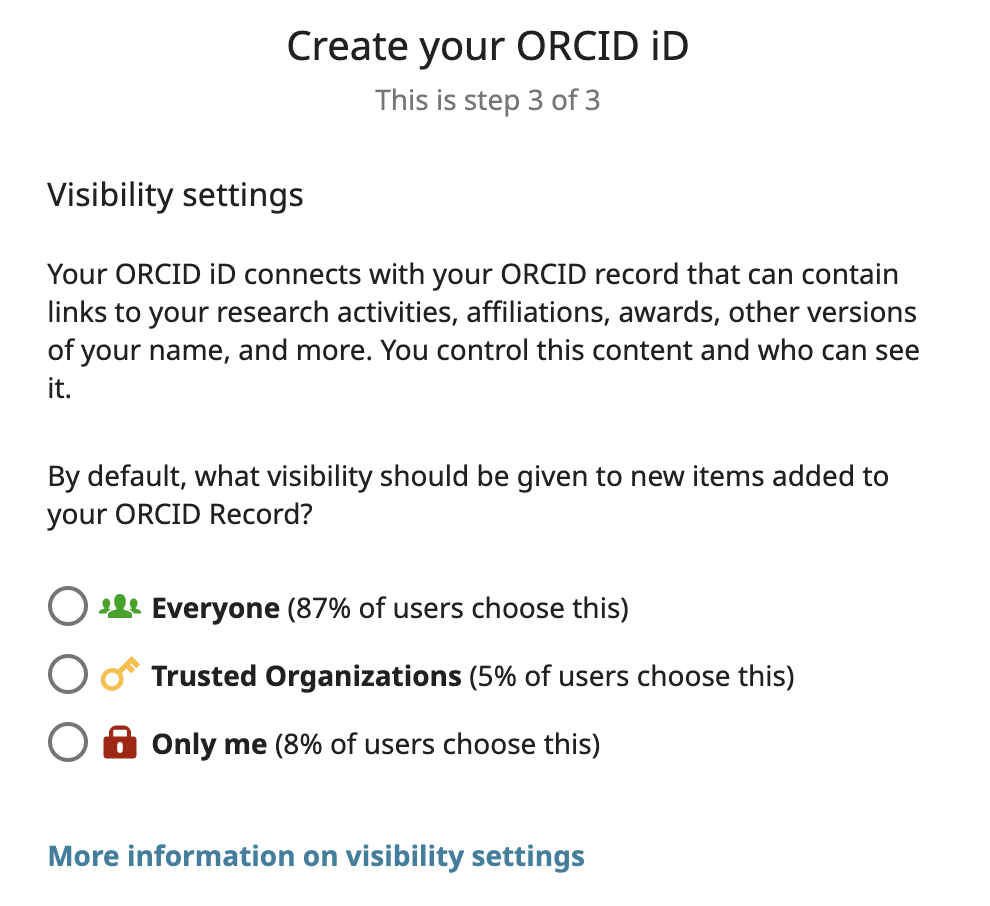 Create your ORCID iD - Step 3 of 3 - Visibility settings