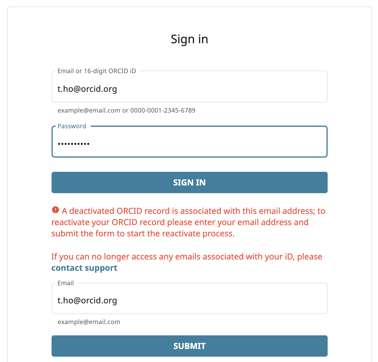 Screenshot of sign-in page showing a message that says that a deactivated ORCID record is associated with the email address that was entered
