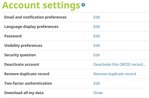 screenshot of the account settings section on the account settings page showing the available options