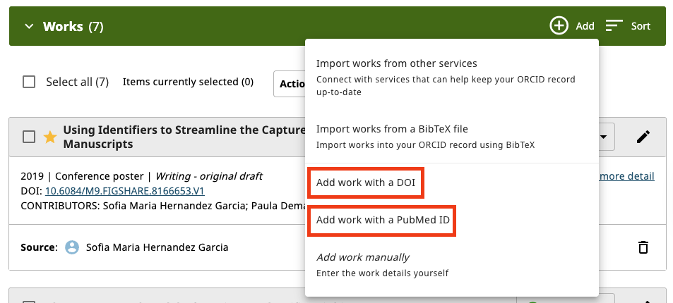 Add works using an identifier – ORCID
