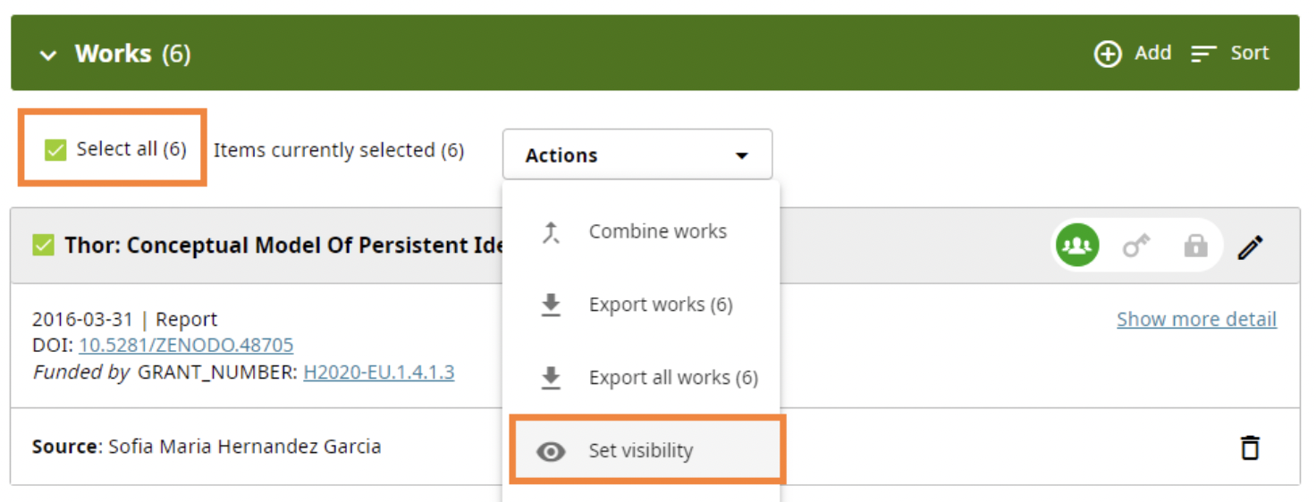 visibility settings on actions menu found at the top of each section